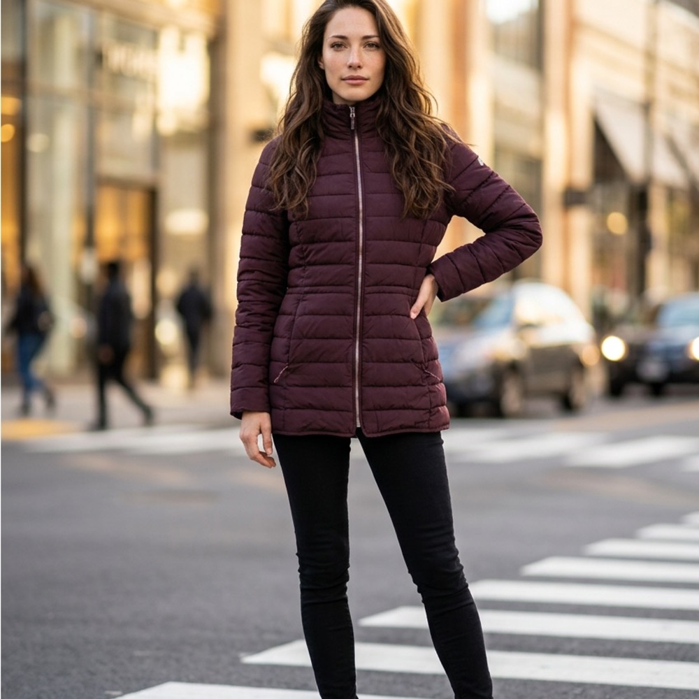 Nautica Red Mid-Length Puffer Jacket Women's Water Resistant Comfort Stretch M